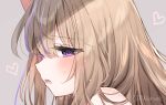  1girl animal_ears bangs blush brown_hair cat_ears close-up face fang hair_between_eyes heart leo_(mafuyu) long_hair mafuyu_(chibi21) multicolored_hair open_mouth original profile purple_eyes purple_hair solo streaked_hair sweat 