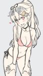  1girl alternate_hairstyle anchor_choker bikini blonde_hair blush breast_squeeze breasts choker cleavage dan_(kumadan) eyewear_on_head fang grey_background hair_flaps hair_ornament hair_ribbon hairclip hands_on_own_thighs heart kantai_collection long_hair medium_breasts open_mouth ponytail red_bikini red_eyes remodel_(kantai_collection) ribbon side-tie_bikini simple_background solo swimsuit yuudachi_(kancolle) 