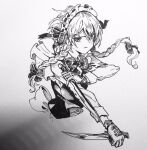  1girl anderson_m0311 bangs bow bowtie braid frilled_hairband frills frown gloves greyscale hairband highres holding holding_knife izayoi_sakuya knife long_sleeves looking_at_viewer monochrome photo_(medium) short_hair solo touhou traditional_media upper_body waist_bow 