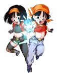  2girls arm_at_side armpits asymmetrical_legwear attack bandana belt black_belt black_eyes black_gloves black_hair black_legwear boots chain collarbone crop_top denim dragon_ball dragon_ball_gt dragon_ball_heroes dual_persona energy_ball eyelashes facing_viewer fanny_pack feet_up fighting_stance fingerless_gloves fingernails flat_chest gloves glowing green_shorts grey_footwear hairband highres jeans knee_pads looking_at_another looking_to_the_side multiple_girls navel orange_hairband orange_headwear outstretched_hand pan_(dragon_ball) pan_(xeno)_(dragon_ball) pants purple_legwear rom_(20) serious short_hair shorts side-by-side simple_background socks straight_hair teeth thighs tight toned upper_teeth v-shaped_eyebrows white_background 