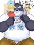 2021 absurd_res anthro bottomwear bulge clothing dessert eyes_closed food hi_res humanoid_hands ice_cream japanese_text kemono male overweight overweight_male shirt shorts solo tanutronik753_k text tokyo_afterschool_summoners topwear tsathoggua video_games 