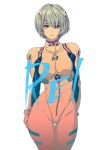  1girl ayanami_rei blue_hair breasts butcherboy character_name hair_between_eyes highres interface_headset looking_at_viewer medium_breasts neon_genesis_evangelion parted_lips plugsuit red_eyes short-haired_girl_(osomatsu-san) solo thigh_gap thighs white_background 