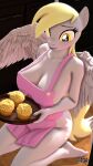  3d_(artwork) amber_eyes anthro anthrofied anthroponiessfm apron apron_only big_breasts blonde_hair blush breasts cleavage clothed clothing derp_eyes derpy_hooves_(mlp) digital_media_(artwork) equid equine female food friendship_is_magic hair hasbro hi_res kneeling looking_at_viewer mammal mostly_nude muffin my_little_pony pegasus plate side_boob solo wings 