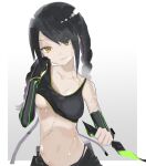  1girl absurdres alternate_eye_color arm_sheath belt belt_pouch black_gloves black_hair black_shorts braid breasts collarbone crop_top detached_sleeves girls_frontline gloves gradient gradient_background green_trim grey_background hair_over_one_eye hand_on_own_cheek hand_on_own_face head_tilt highres holding knife long_hair looking_at_viewer low_twintails mac-10_(girls_frontline) medium_breasts midriff navel pouch qkd331 shirt_lift shorts single_glove smirk solo stitches strap sweat thong twin_braids twintails underboob wiping_sweat yellow_eyes 