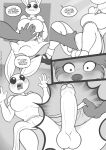  2020 5_fingers anthro balls beastars blush breasts buckteeth canid canine canis clothed clothing clothing_lift comic crossgender dialogue digital_media_(artwork) domestic_rabbit duo dwarf_rabbit english_text female fingers freckles_(artist) ftg_crossgender fti_crossgender genitals greyscale gynomorph haru_(beastars) humanoid_genitalia humanoid_penis intersex juno_(beastars) lagomorph leporid mammal monochrome open_mouth oryctolagus penis rabbit speech_bubble teeth text url wolf 