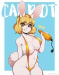  2021 absurd_res anthro areola bikini blonde_hair breasts camel_toe carrot_(one_piece) clothed clothing digital_media_(artwork) english_text eyelashes female hair hand_behind_back hi_res holding_object lagomorph leporid looking_at_viewer mammal minkmen_(one_piece) navel one_piece rabbit short_hair simple_background sling_bikini solo swimwear text tongue tongue_out ziffir 