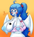  &lt;3 ahoge alternate_version_at_source alyrise anthro anthrofied armwear big_breasts blue_eyes blue_hair blue_lipstick blue_nipples blush breast_tattoo breasts celeste_(basketgardevoir) cleavage clothed clothing dress elbow_gloves english_text fake_wings feathered_wings feathers female freckles gesture gloves gradient_background hair half-length_portrait hand_heart handwear hi_res holidays huge_breasts lipstick long_hair makeup mammal mustelid nintendo nipple_outline nipples oppai_heart oshawott pok&eacute;mon pok&eacute;mon_(species) pok&eacute;morph ponytail portrait scrunchie signature simple_background smile solo tattoo text translucent translucent_clothing translucent_dress valentine&#039;s_day video_games wings yellow_background 