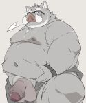  2021 anthro balls belly bracelet censored clothed clothing eyewear flaccid foreskin fur genitals glasses grey_body grey_fur hi_res humanoid_genitalia ineffective_censorship jewelry kemono male mammal moobs navel nipples nude overweight overweight_male partially_clothed penis pubes simple_background solo suid suina sus_(pig) taro_heppoko uncut white_background wild_boar 
