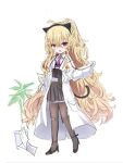  1girl :o animal_ears bandaid bandaid_on_knee bangs black_footwear black_hairband black_legwear black_skirt blonde_hair blush cat_ears cat_tail collared_shirt doctor eyebrows_visible_through_hair fake_animal_ears flower_knight_girl full_body hair_between_eyes hair_ornament hairband high-waist_skirt high_heels holding kuko_(flower_knight_girl) labcoat long_hair long_sleeves looking_at_viewer open_clothes open_mouth pantyhose paper plant pleated_skirt ponytail potted_plant purple_neckwear red_eyes shiodome_oji shirt shoes simple_background sketch skirt sleeves_past_wrists solo standing stethoscope tail very_long_hair white_background white_shirt wide_sleeves x_hair_ornament 