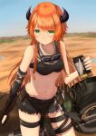  1girl absurdres arknights bandeau bangs bare_shoulders binoculars black_gloves black_shorts blue_sky braid breasts commentary cowboy_shot croissant_(arknights) cutoffs day elbow_gloves gloves goggles goggles_around_neck green_eyes highres hinataaoi_(iraiuketsukechuu) holding horns huge_filesize long_hair looking_at_viewer midriff navel orange_hair outdoors short_shorts shorts single_glove sky small_breasts solo standing stomach thigh_strap thighs twin_braids very_long_hair 
