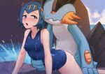  1girl :o arched_back ass bare_arms bestiality blue_eyes blue_hair blue_swimsuit blush breasts bright_pupils chikaretsu cloud commentary covered_nipples day freckles gen_3_pokemon hairband hand_on_another&#039;s_stomach highres lana_(pokemon) looking_back motion_lines one-piece_swimsuit open_mouth outdoors pokemon pokemon_(creature) pokemon_(game) pokemon_sm rock sand shiny shiny_skin short_hair sky splashing swampert swimsuit tongue water wet wet_clothes wet_swimsuit yellow_hairband 