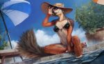  2021 anthro breasts canid canine canis clothed clothing coyote day detailed_background digital_media_(artwork) female mammal outside partially_submerged sky smile solo zyor 