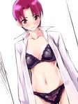  bazett_fraga_mcremitz black_panties blush bra coat dress_shirt dutch_angle fate/hollow_ataraxia fate/stay_night fate_(series) lace lace-trimmed_panties lingerie long_sleeves navel open_clothes open_shirt overcoat panties purple_eyes purple_hair shirt short_hair solo standing underwear yurikawa 