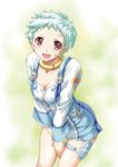  blush breasts buckle cleavage collar dress eureka eureka_seven eureka_seven_(series) green_hair large_breasts leaning_forward long_sleeves looking_at_viewer red_eyes shiruko short_dress short_hair smile solo thigh_strap v_arms veins 