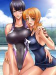  black_hair blush breast_press breasts competition_swimsuit highleg highleg_swimsuit huge_breasts kagami_hirotaka multiple_girls nami_(one_piece) nico_robin one-piece_swimsuit one_piece orange_hair pool school_swimsuit shiny shiny_clothes spandex swimsuit tattoo thighs wide_hips 