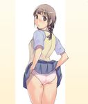  ass back blush braid brown_hair dress_shirt from_behind grey_eyes lifted_by_self looking_back original panties pink_panties pleated_skirt school_uniform shirt skirt skirt_lift solo standing sweater sweater_vest takeda_sun twin_braids underwear vest 