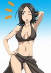  1girl arm_behind_head arm_up bikini black_hair black_sarong breasts eureka_seven eureka_seven_(series) hand_on_hip isse looking_away lowres medium_breasts one_eye_closed open_mouth sarong short_hair solo swimsuit talho_yuuki 