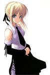  adapted_costume artoria_pendragon_(all) bangs bare_shoulders black_neckwear black_ribbon black_skirt blonde_hair braided_bun breasts collared_shirt cross-laced_clothes detached_sleeves duplicate eyebrows_visible_through_hair fate/stay_night fate_(series) green_eyes hair_ribbon looking_at_viewer necktie own_hands_together parted_lips pinky_out ribbon saber shingo_(missing_link) shirt sidelocks simple_background skirt solo standing tied_hair white_background white_shirt 