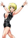  \o/ armpits arms_up ass blonde_hair blush bracelet breasts cleavage cosplay covered_nipples erstin_ho green_eyes hard_gay hard_gay_(cosplay) jewelry large_breasts my-otome outstretched_arms parody sanshita short_hair simple_background skindentation solo white_background 