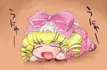  =_= artist_request blonde_hair bow chibi dress drill_hair fallen_down fang frills hair_bow hina_ichigo lying pink_bow pink_dress rozen_maiden shoes short_hair solo unyu 