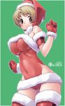  bodypaint breasts brown_eyes brown_hair christmas covered_navel covered_nipples gloves hat huge_breasts impossible_clothes kei_jiei looking_at_viewer navel original red_gloves santa_costume santa_hat short_hair solo thighhighs underboob 