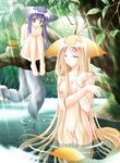  absurdres animal animal_ears barefoot bathing blonde_hair blue_hair breasts closed_eyes day dog_ears dog_tail dress feet fish fox_ears fox_tail groin highres in_tree jar koma_(tail_tale) large_breasts leaf light_rays long_hair louis&amp;visee multiple_girls multiple_tails nature nipples nude outdoors sitting sitting_in_tree smile soro_(tail_tale) sunbeam sunlight tail tail_tale tree very_long_hair wading water yellow_eyes 