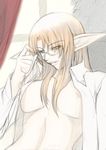  artist_request breasts elf elvaan final_fantasy final_fantasy_xi glasses large_breasts long_sleeves open_clothes open_shirt pointy_ears shirt solo 