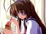  antenna_hair art_brush brown_hair cum game_cg hairband handjob kazami_haruki mimikaki nozaki_mai object_insertion osananajimi_na_kanojo paintbrush penis purple_eyes school_uniform smile solo_focus sounding uncensored urethral_insertion 