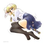 artist_request artoria_pendragon_(all) blonde_hair blouse blush fate/stay_night fate_(series) long_sleeves lying masturbation on_side pantyhose pantyhose_pull saber sheath solo sweat sword trembling weapon 