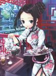  architecture china_dress chinese_clothes copyright_request dress east_asian_architecture green_eyes hair_bun solo takeda_hinata teapot waitress 