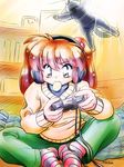  brown_hair butterfly_sitting cat chips food game_console headphones long_sleeves mouth_hold original pants playing_games playstation_2 potato_chips sitting socks solo striped striped_legwear sweater video_game zan_nekotama 