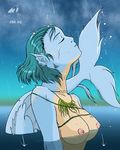  artist_request blue_hair blue_skin breasts closed_eyes copyright_request gills large_breasts mermaid monster_girl nipples nude rain solo upper_body water 