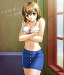  armband bare_shoulders blush breast_hold breasts brown_eyes brown_hair cleavage elie_(rave) macha_(come-come) medium_breasts midriff miniskirt pencil_skirt rave short_hair skirt solo tank_top window 