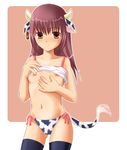  animal_ears animal_print artist_request black_legwear blush breasts camisole copyright_request cow_ears cow_girl cow_print cow_tail ear_tag horns navel nipples panties print_panties purple_hair shirt_lift side-tie_panties small_breasts solo tail thighhighs underwear 