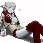  artist_request blue_skin blush choker dark_elf dark_elf_(lineage_2) drunk elf lineage lineage_2 long_sleeves open_clothes open_shirt pointy_ears pussy_juice shirt solo thighhighs 