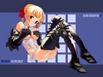  armor blonde_hair blue_eyes breastless_clothes copyright_request corset covering covering_breasts garter_belt gauntlets leg_armor lingerie matsuryuu panties solo thighhighs underwear wallpaper 