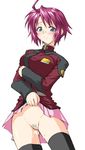  ahoge artist_request blush breast_press breasts grey_eyes gundam gundam_seed gundam_seed_destiny large_breasts long_sleeves lunamaria_hawke no_panties pink_hair pink_skirt pubic_hair pussy_juice shirt short_hair skirt skirt_lift solo standing sweat thighhighs 