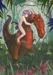  ahoge dragon elf fantasy hug jungle long_hair nature nude original pointy_ears red_eyes riding solo yurikuta_tsukumi 
