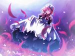  apron artist_request bow closed_eyes duplicate dutch_angle field flower flower_field full_body full_moon hisui long_sleeves maid maid_headdress moon night petals red_hair short_hair skirt skirt_lift sky solo spider_lily standing tsukihime 