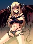  blonde_hair bosshi bracelet collar demon_girl demon_tail grin horns jewelry long_hair navel original pentacle pointy_ears red_eyes smile smirk solo succubus tail wings 