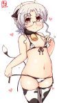  1girl alternate_costume animal_ears animal_print artist_logo bell bikini brown_eyes commentary_request covered_nipples cow_ears cow_horns cow_print cow_tail cowbell cowboy_shot dated ear_tag fake_animal_ears fake_horns flat_chest front-tie_top glasses grey_hair groin highres hirato_(kancolle) holding horns kanon_(kurogane_knights) kantai_collection looking_at_viewer lowleg lowleg_bikini micro_bikini navel one-hour_drawing_challenge short_hair side-tie_bikini simple_background smile solo standing strap_gap swimsuit tail thighhighs untied untied_bikini wavy_hair white_background white_bikini white_legwear 