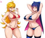  2girls absurdres ahoge aqua_eyes arms_behind_head bare_shoulders bikini blonde_hair blue_bow blue_eyes blush bow breasts cleavage covered_nipples hair_bow hand_gesture highres huge_breasts jmg multicolored_hair multiple_girls navel nipples panty_&amp;_stocking_with_garterbelt panty_(psg) pink_hair red_bikini siblings signature stocking_(psg) striped striped_bikini striped_legwear swimsuit thighhighs thighs white_background 