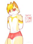  &lt;3 animated anthro blonde_hair briefs bulge clothing domestic_cat felid feline felis hair looking_at_viewer male mammal red_eyes shaking_hips simple_background smile solo tasticstarlight teasing text underwear white_background 