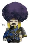  1girl absurdres afro armor bob_ross chin_stroking closed_eyes facial_hair gauntlets highres hololive hololive_english monster_hunter_rise mustache ninomae_ina&#039;nis pauldrons purple_hair shoulder_armor upper_body vyragami white_background 