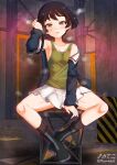  1girl aquaegg armpits black_hair blush breasts brown_eyes cleavage collarbone eyebrows_visible_through_hair full_body girls_und_panzer green_tank_top highres looking_at_viewer military military_uniform miniskirt on_chair ooarai_military_uniform open_mouth pleated_skirt shiny shiny_skin short_hair sitting skirt sleeveless small_breasts smile solo sweat tank_top uniform utsugi_yuuki white_skirt 