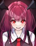  1girl :d dark_background face gradient gradient_background koakuma kure:kuroha long_hair looking_at_viewer necktie open_mouth red_eyes red_hair red_neckwear simple_background smile solo touhou underwear 