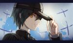  1boy black_hair black_headwear black_jacket blue_background brown_eyes closed_mouth commentary_request danganronpa_(series) danganronpa_v3:_killing_harmony expressionless hand_on_headwear hand_up hat jacket letterboxed long_sleeves male_focus mentai_shijimi portrait profile saihara_shuuichi short_hair solo striped_jacket upper_body 
