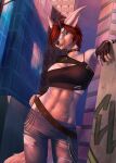  2021 anthro breasts brown_hair city clothed clothing day detailed_background digital_media_(artwork) elvofirida female hair hi_res midriff navel outside sky smile solo 