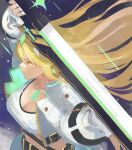  1girl alternate_costume bangs blonde_hair breasts cleavage earrings gem gloves headpiece jacket jewelry large_breasts long_hair mythra_(xenoblade) shorts solo sou_(pale_1080) swept_bangs sword very_long_hair weapon xenoblade_chronicles_(series) xenoblade_chronicles_2 yellow_eyes 