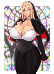  1girl blonde_hair breasts church cleavage cross curvy detached_sleeves dress erkaz facial_mark forehead_mark glass hand_on_own_chest highres huge_breasts kim) lips looking_at_viewer nun original sister_pristine_(tija_kim) sleeves stained_glass 